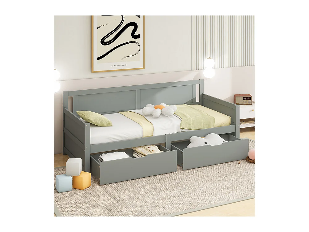 Lit jeune lit 90x200 cm cadre en bois massif lit simple avec deux compartiments de rangement pin gris