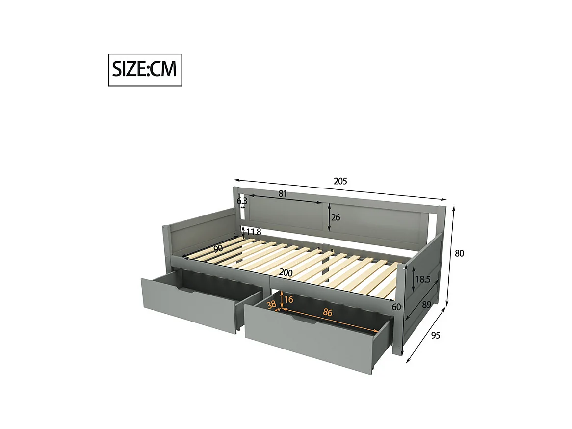 Lit jeune lit 90x200 cm cadre en bois massif lit simple avec deux compartiments de rangement pin gris