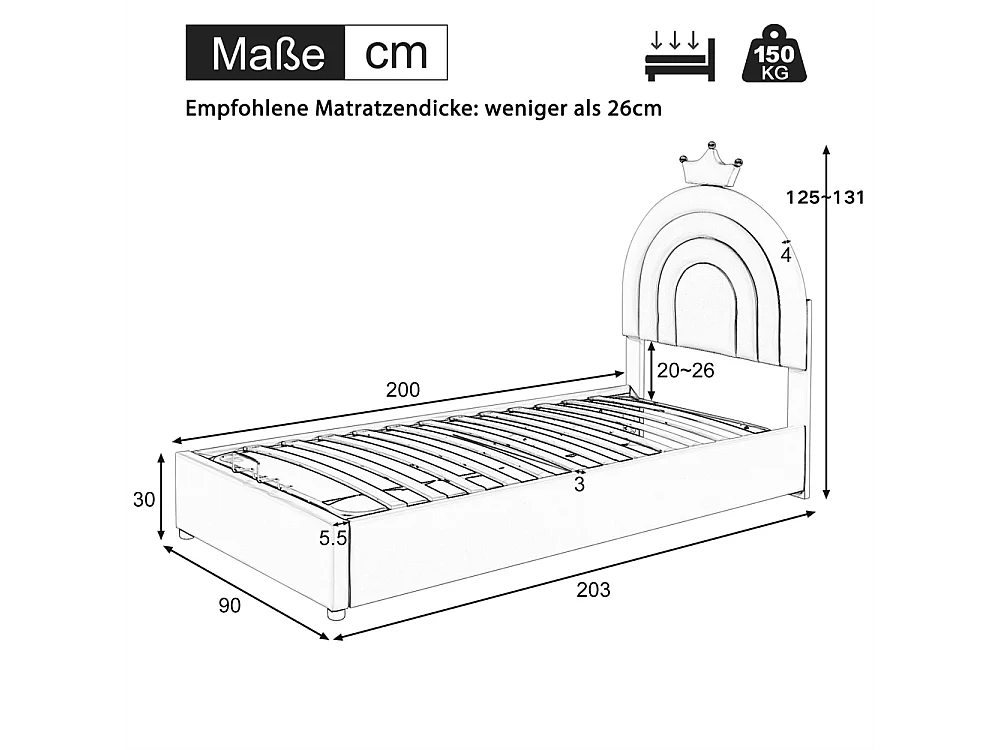 Lit jeune lit 90x200 cm lit rembourré hydraulique lit simple avec sommier à lattes pu rose