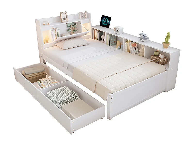 Lit simple 90x200cm, lit à panneaux, tête de lit avec rangement + 2 lumières, avec prise de charge, armoires de rangement latérales et tiroirs, blanc