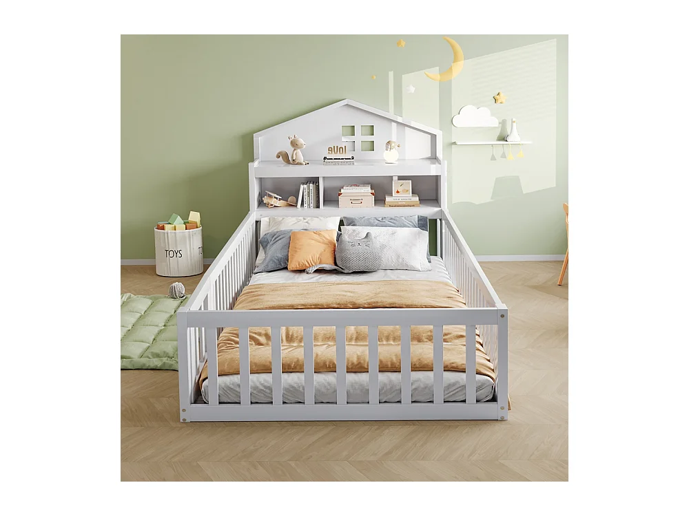 Lit d'enfant 90x200cm, avec espace de rangement, étagères, cimaise, barrière de sécurité et porte, cadre en bois massif, avec sommier à lattes, blanc