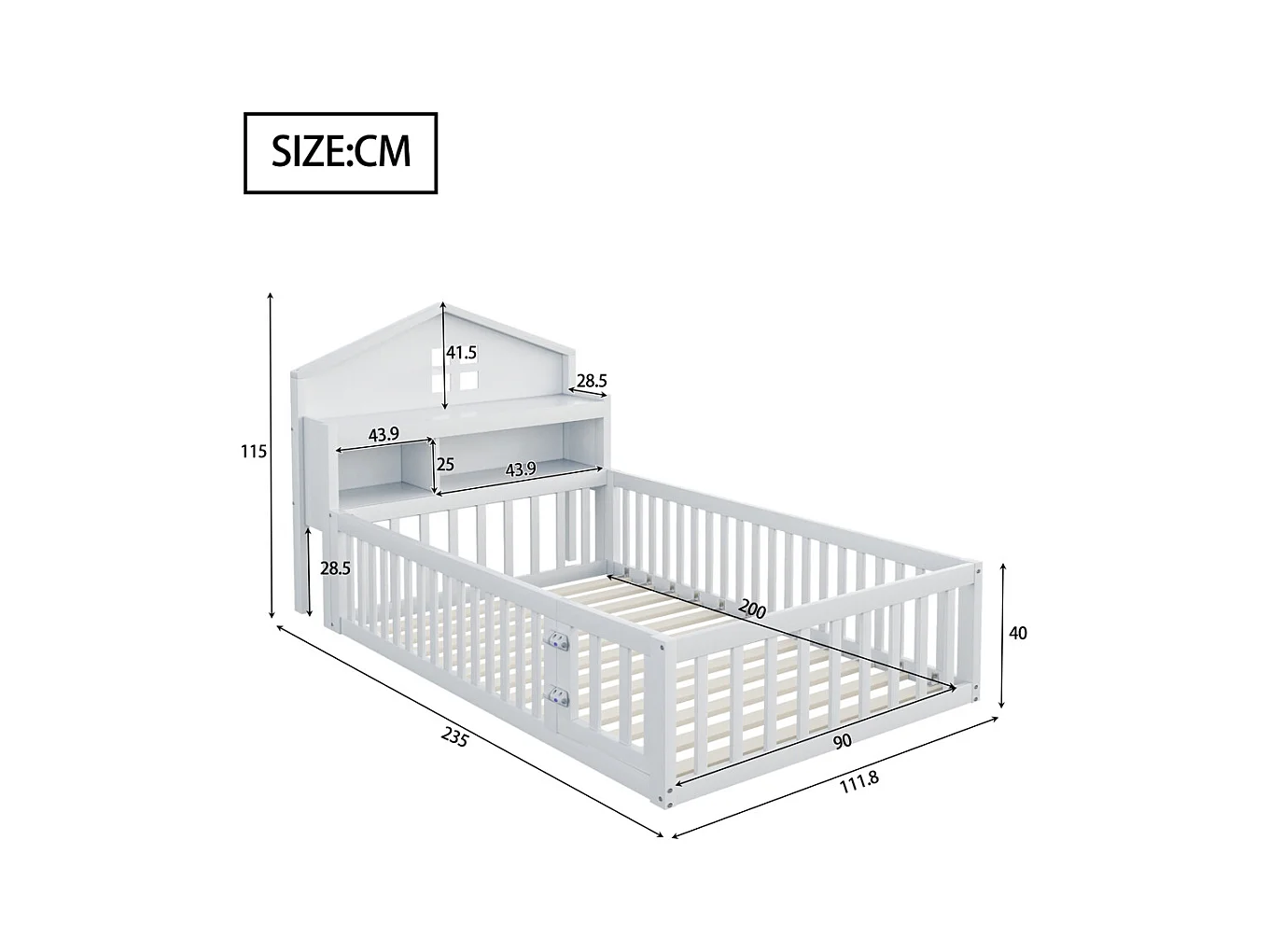 Lit d'enfant 90x200cm, avec espace de rangement, étagères, cimaise, barrière de sécurité et porte, cadre en bois massif, avec sommier à lattes, blanc
