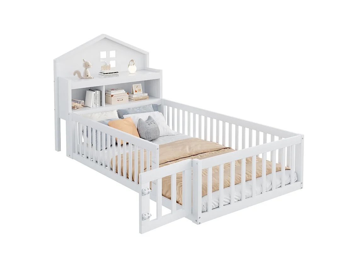 Lit d'enfant 90x200cm, avec espace de rangement, étagères, cimaise, barrière de sécurité et porte, cadre en bois massif, avec sommier à lattes, blanc