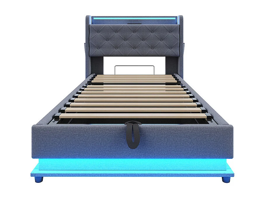 Lit jeune lit 90x200cm lit hydraulique rembourré lit de rangement avec lampes à couleurs changeantes et prise usb lit simple tissu de lin gris