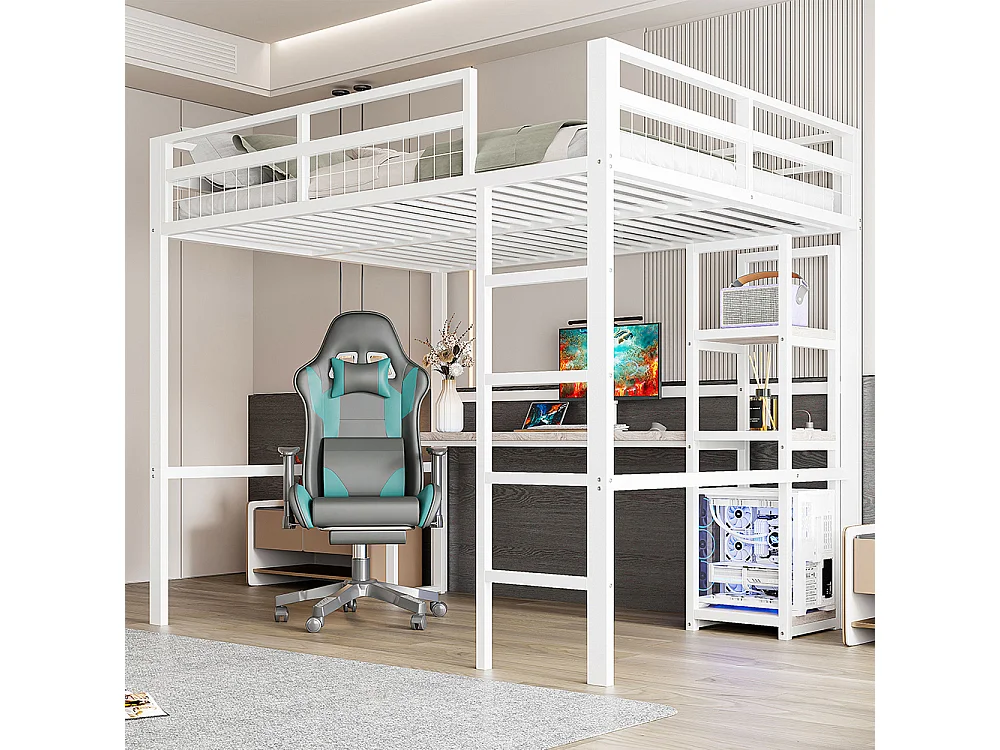 Lit mezzanine 140x200cm, avec étagères, usb type-c, balustrade, escabeau, bureau avec prise, cadre en fer, blanc, sans matelas