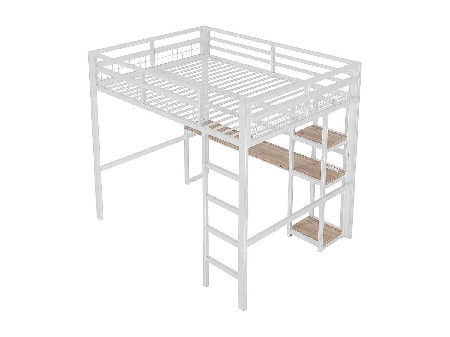 Lit mezzanine 140x200cm, avec étagères, usb type-c, balustrade, escabeau, bureau avec prise, cadre en fer, blanc, sans matelas