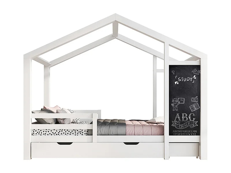 Lit jeune lit 90x200 cm lit lattes de bois lit clôture lit tableau lit 2 tiroirs lit simple bois massif blanc