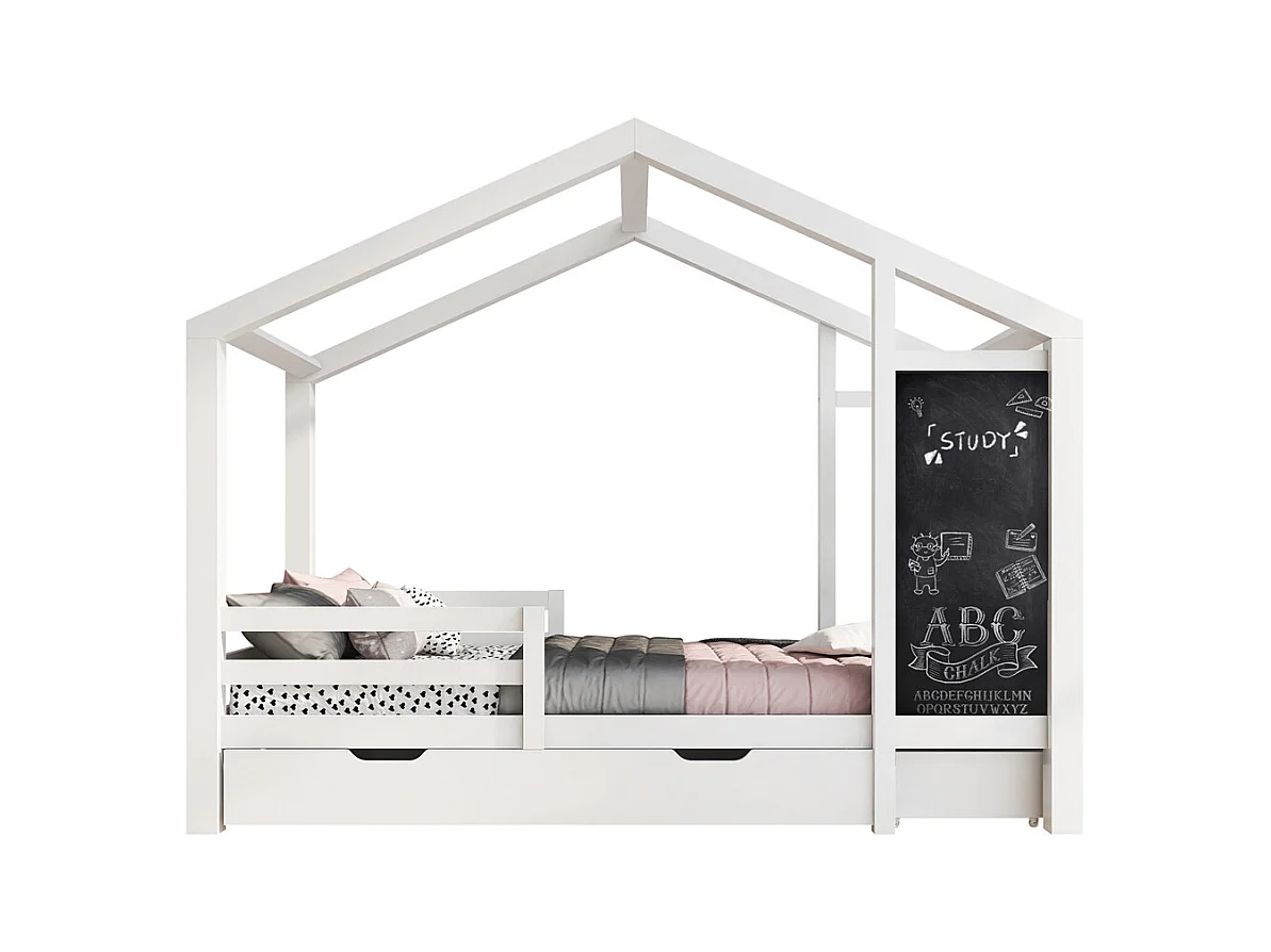 Lit jeune lit 90x200 cm lit lattes de bois lit clôture lit tableau lit 2 tiroirs lit simple bois massif blanc