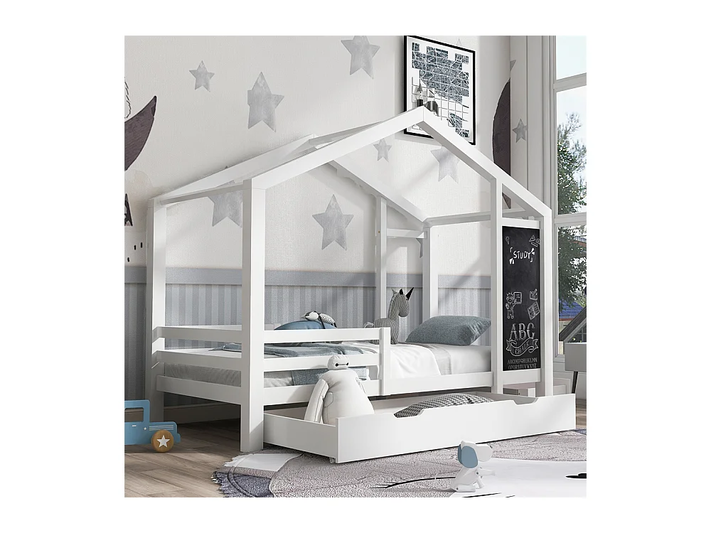 Lit jeune lit 90x200 cm lit lattes de bois lit clôture lit tableau lit 2 tiroirs lit simple bois massif blanc