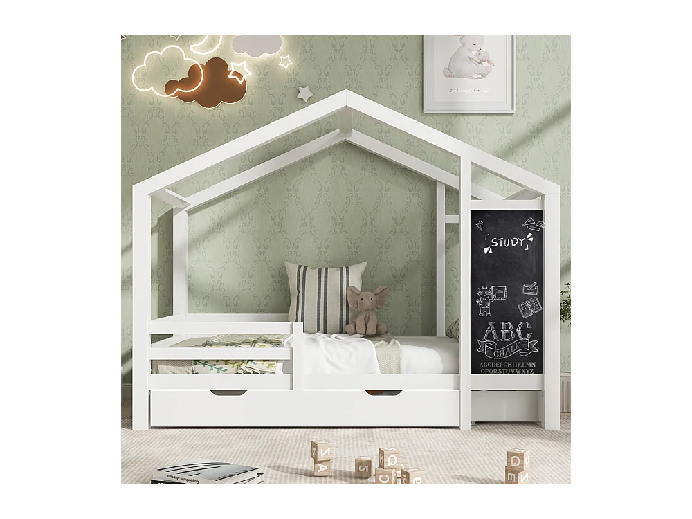 Lit jeune lit 90x200 cm lit lattes de bois lit clôture lit tableau lit 2 tiroirs lit simple bois massif blanc