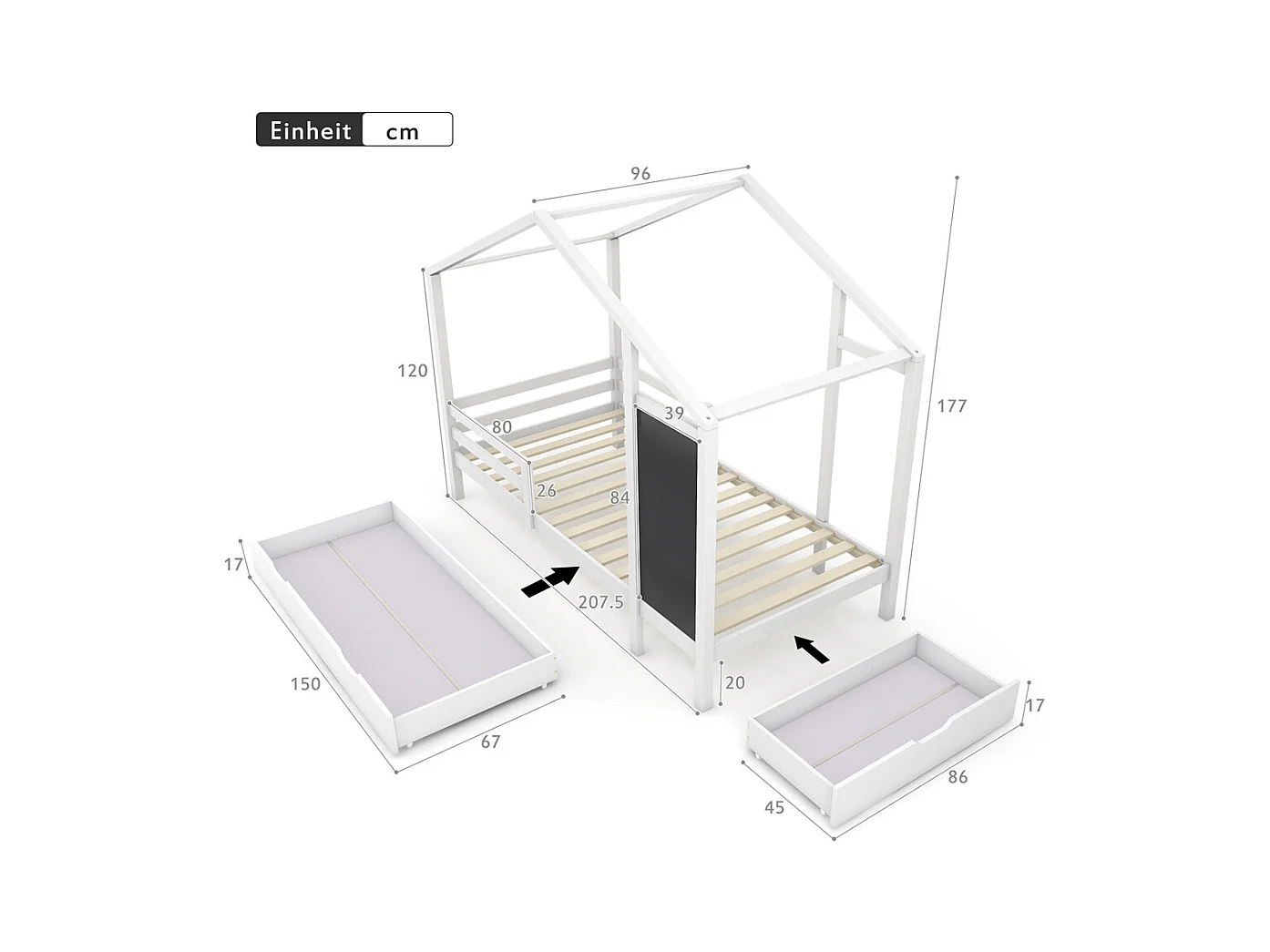 Lit jeune lit 90x200 cm lit lattes de bois lit clôture lit tableau lit 2 tiroirs lit simple bois massif blanc