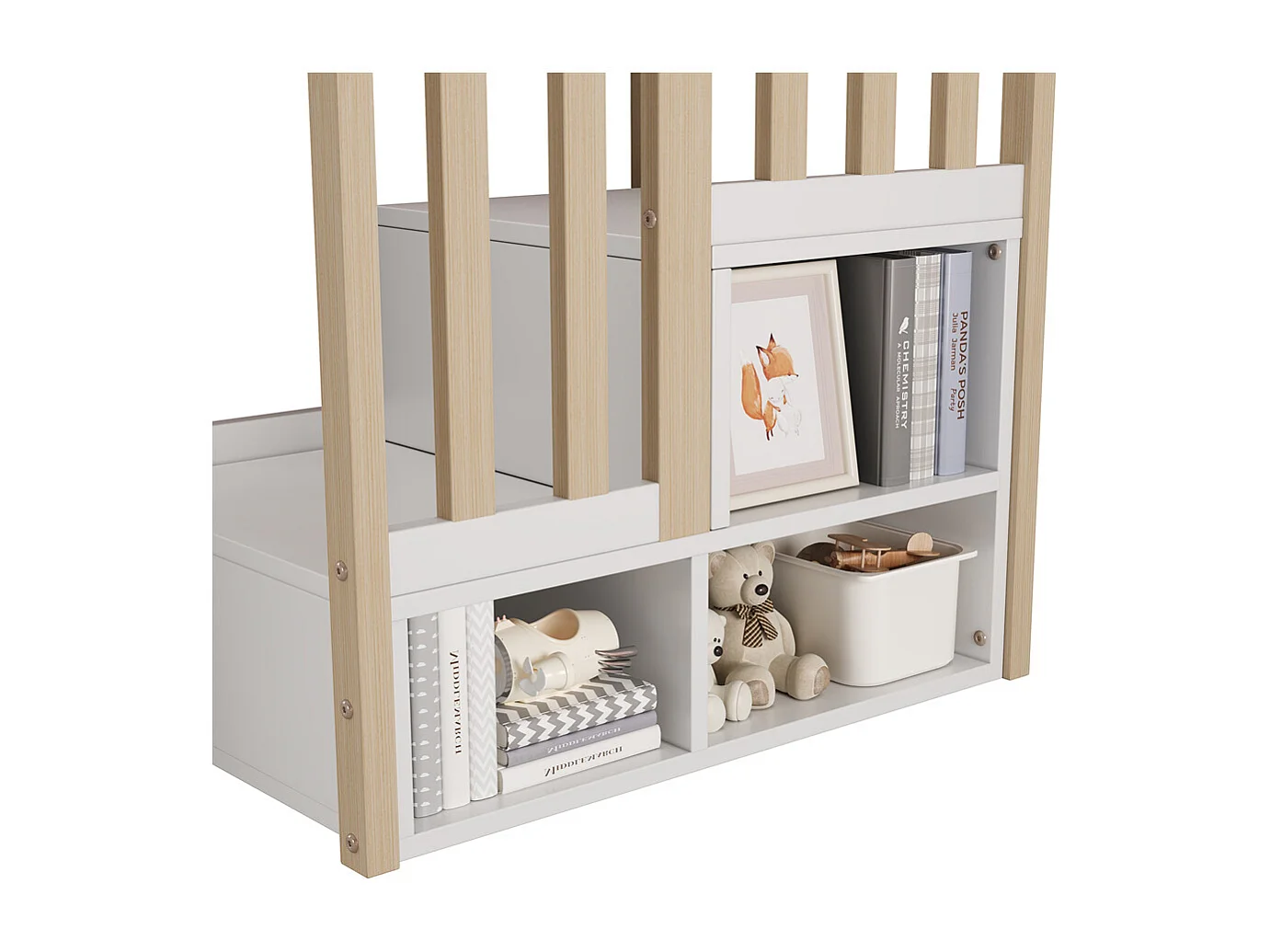 Lit mezzanine 90x200cm, lit d'enfant avec escalier et tiroirs, lit simple multifonctionnel, avec 2 armoires de rangement et barre à linge, sans matelas, blanc