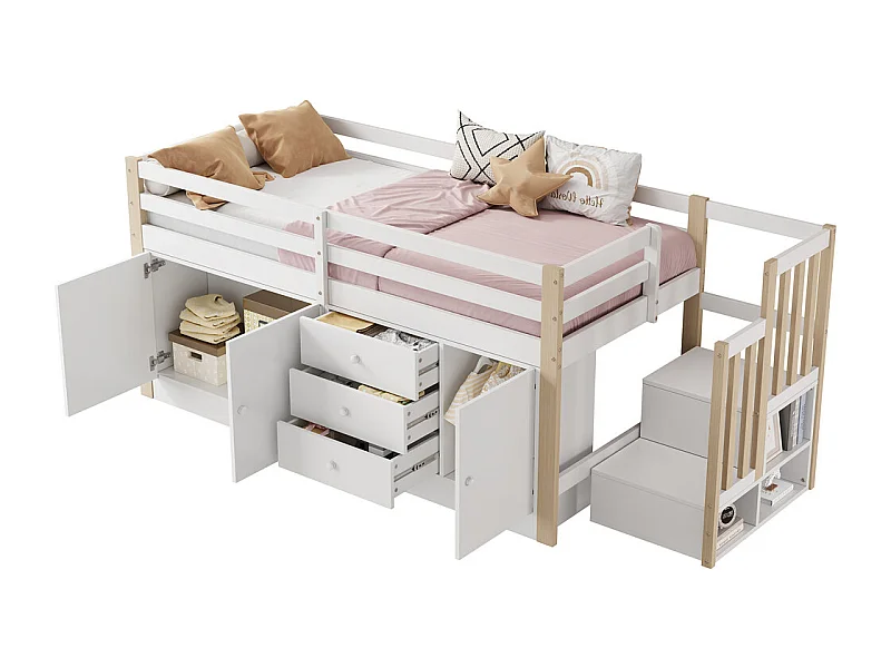 Lit mezzanine 90x200cm, lit d'enfant avec escalier et tiroirs, lit simple multifonctionnel, avec 2 armoires de rangement et barre à linge, sans matelas, blanc