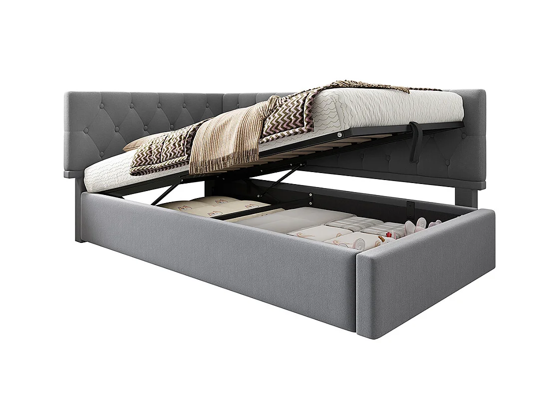 Lit rembourré, lit de repos 90x200cm, canapé convertible avec rangement hydraulique, lit enfant, lit jeune gris, sans matelas.