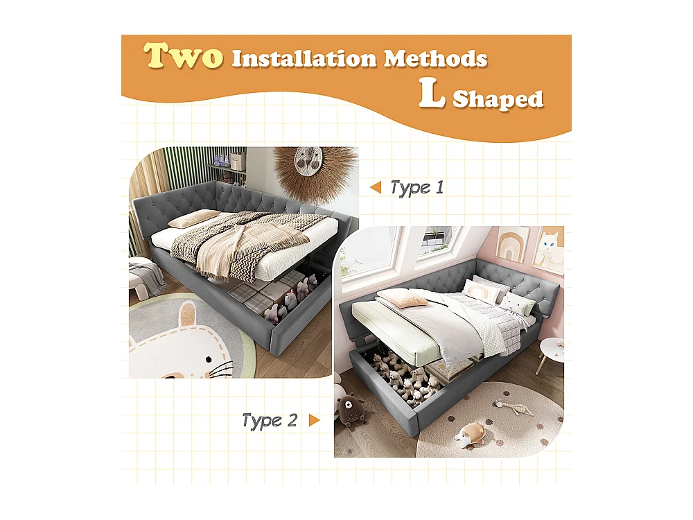Lit rembourré, lit de repos 90x200cm, canapé convertible avec rangement hydraulique, lit enfant, lit jeune gris, sans matelas.