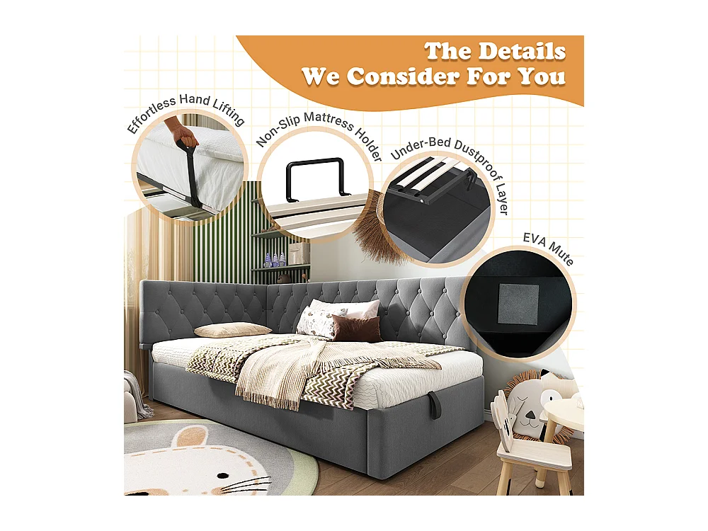 Lit rembourré, lit de repos 90x200cm, canapé convertible avec rangement hydraulique, lit enfant, lit jeune gris, sans matelas.