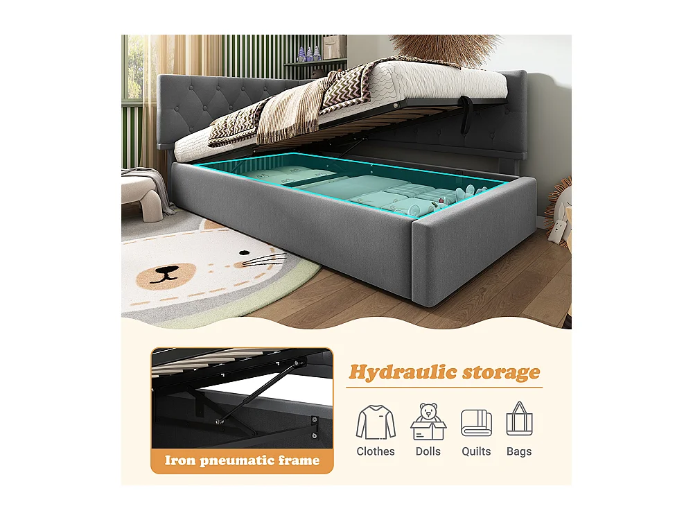 Lit rembourré, lit de repos 90x200cm, canapé convertible avec rangement hydraulique, lit enfant, lit jeune gris, sans matelas.