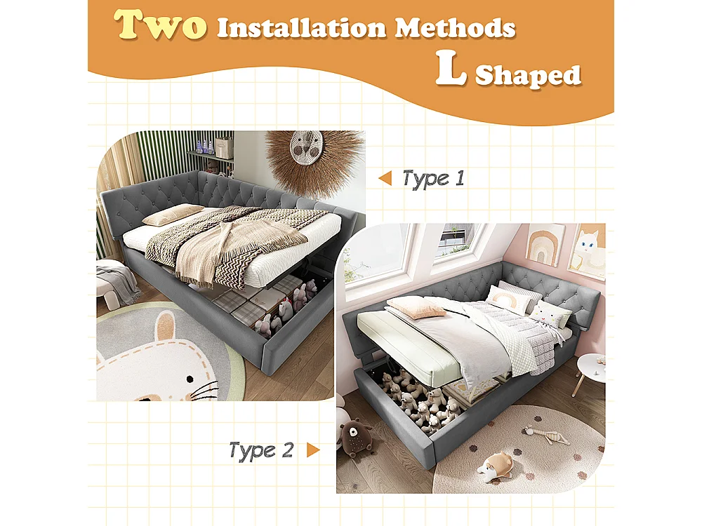 Lit rembourré, lit de repos 90x200cm, canapé convertible avec rangement hydraulique, lit enfant, lit jeune gris, sans matelas.