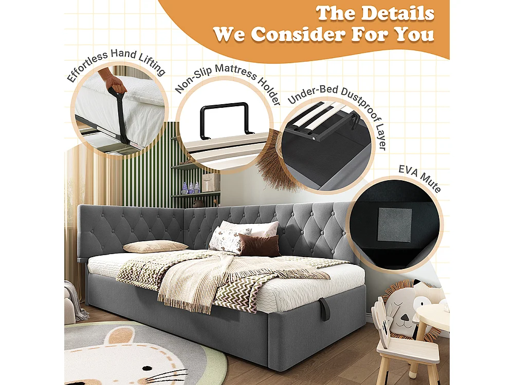 Lit rembourré, lit de repos 90x200cm, canapé convertible avec rangement hydraulique, lit enfant, lit jeune gris, sans matelas.