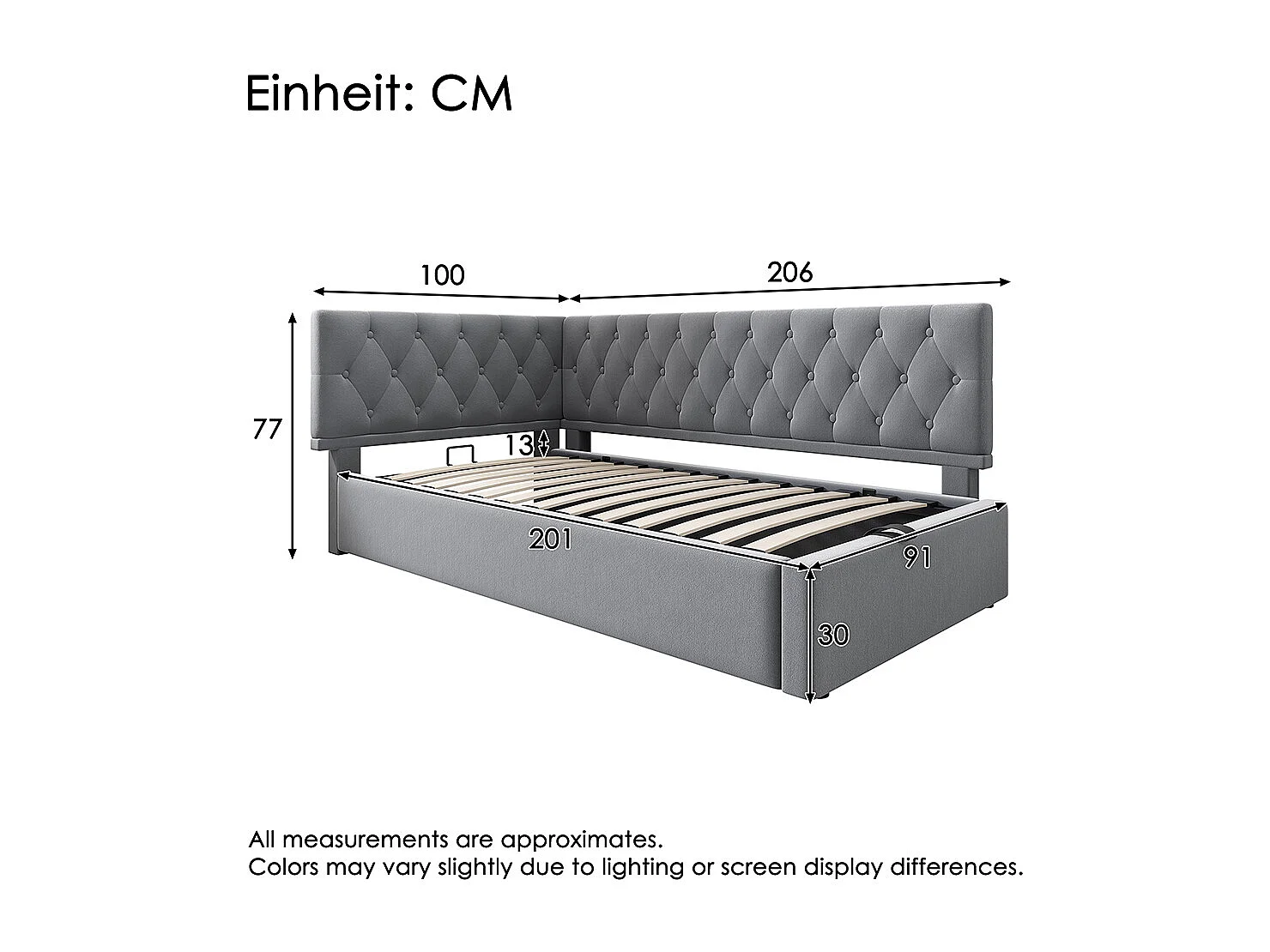 Lit rembourré, lit de repos 90x200cm, canapé convertible avec rangement hydraulique, lit enfant, lit jeune gris, sans matelas.