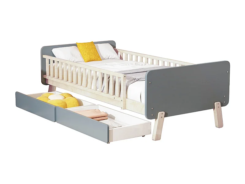 Lit jeune lit 90x190 cm avec 2 tiroirs avec sommier à lattes lit simple bois massif gris