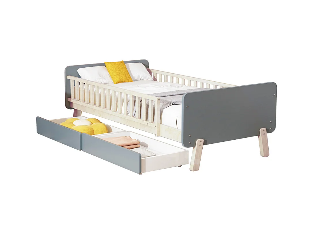 Lit jeune lit 90x190 cm avec 2 tiroirs avec sommier à lattes lit simple bois massif gris