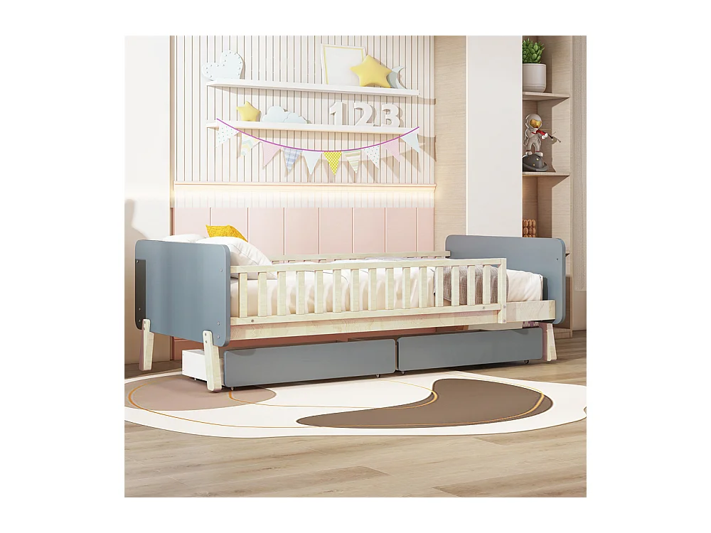 Lit jeune lit 90x190 cm avec 2 tiroirs avec sommier à lattes lit simple bois massif gris