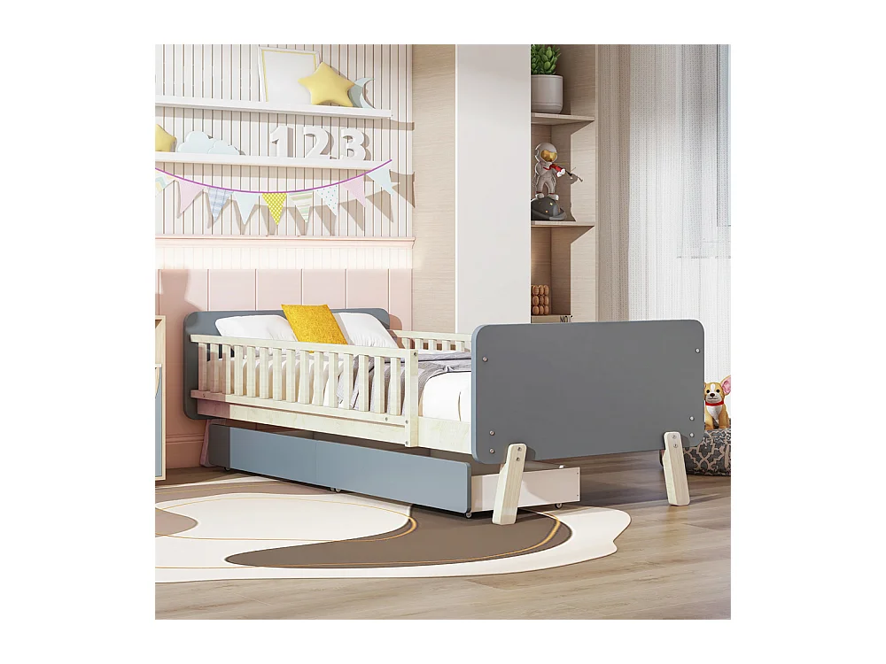 Lit jeune lit 90x190 cm avec 2 tiroirs avec sommier à lattes lit simple bois massif gris