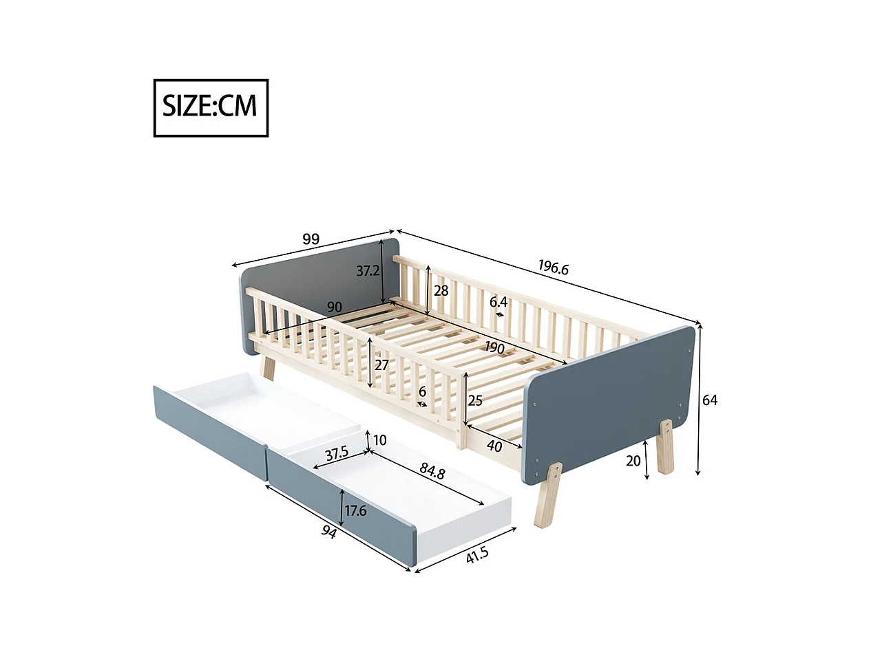 Lit jeune lit 90x190 cm avec 2 tiroirs avec sommier à lattes lit simple bois massif gris
