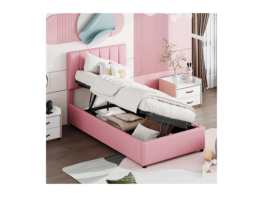 Lit jeune lit 90x200 cm lit de rangement lit rembourré hydraulique lit simple lin rose