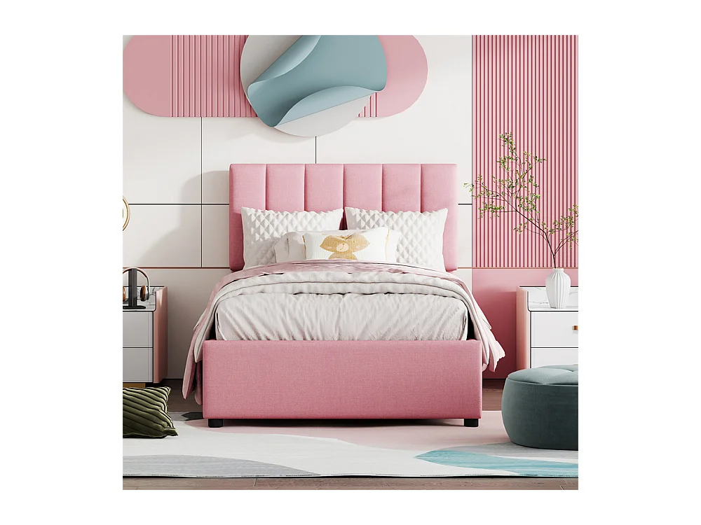 Lit jeune lit 90x200 cm lit de rangement lit rembourré hydraulique lit simple lin rose