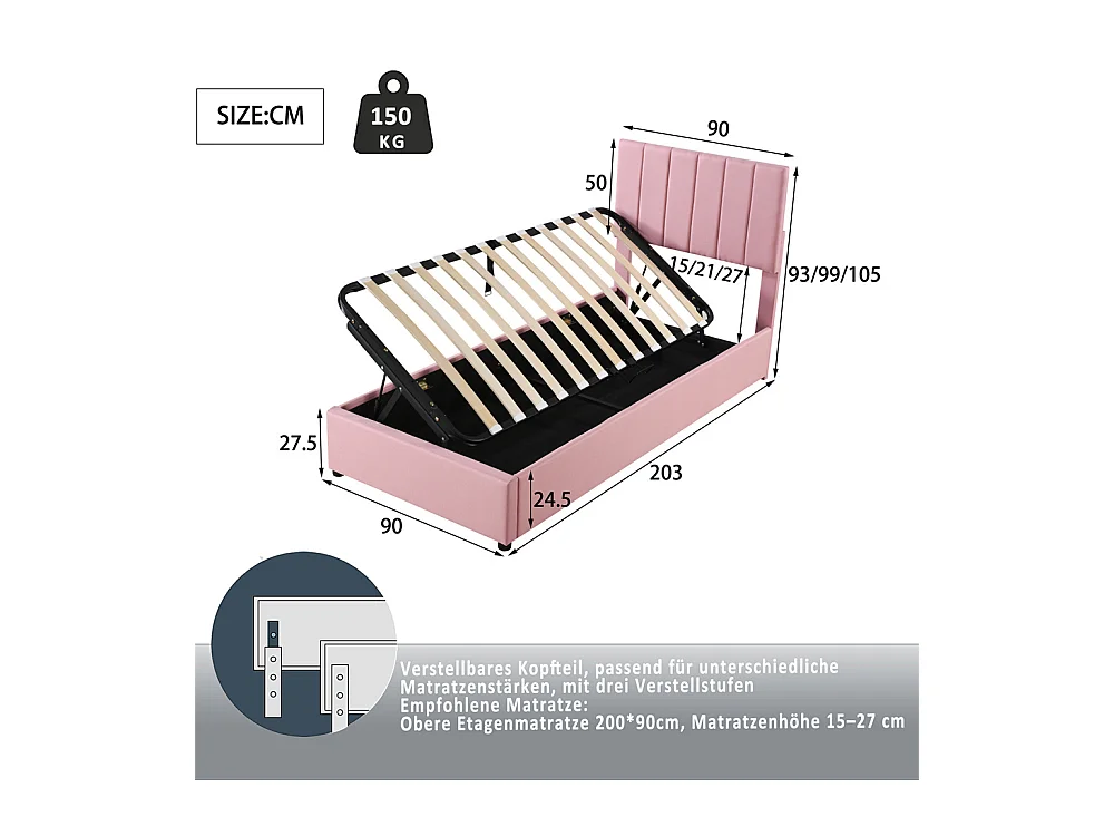 Lit jeune lit 90x200 cm lit de rangement lit rembourré hydraulique lit simple lin rose