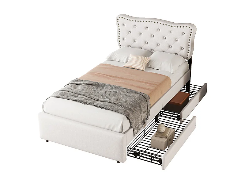 Lit rembourré 90x200 cm, lit plat, table de nuit rembourrée avec rivets décoratifs, double tiroirs, lin+MDF, beige clair