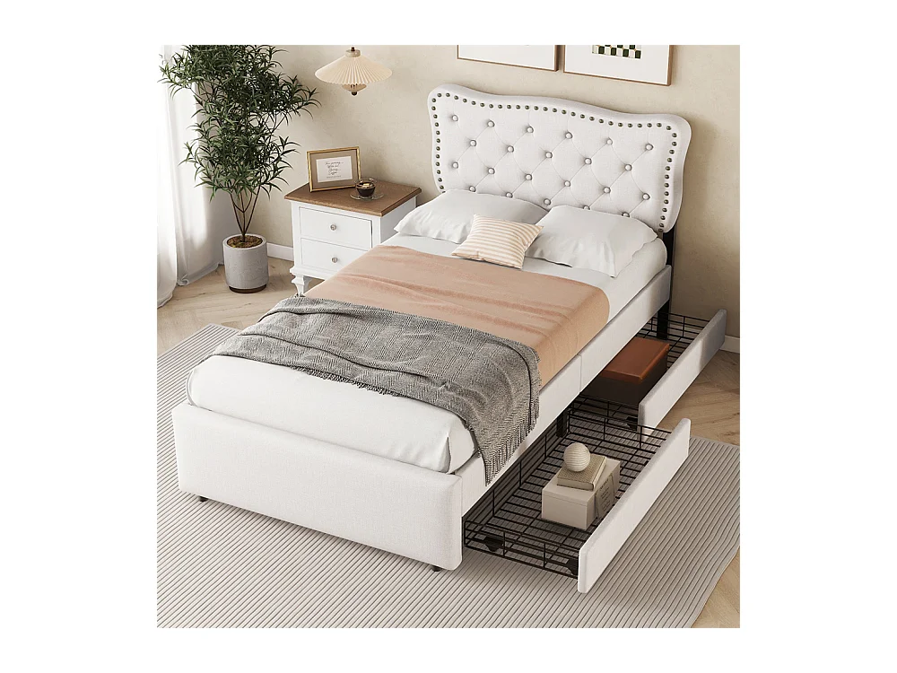 Lit rembourré 90x200 cm, lit plat, table de nuit rembourrée avec rivets décoratifs, double tiroirs, lin+MDF, beige clair
