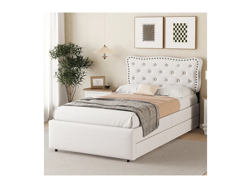 Lit rembourré 90x200 cm, lit plat, table de nuit rembourrée avec rivets décoratifs, double tiroirs, lin+MDF, beige clair