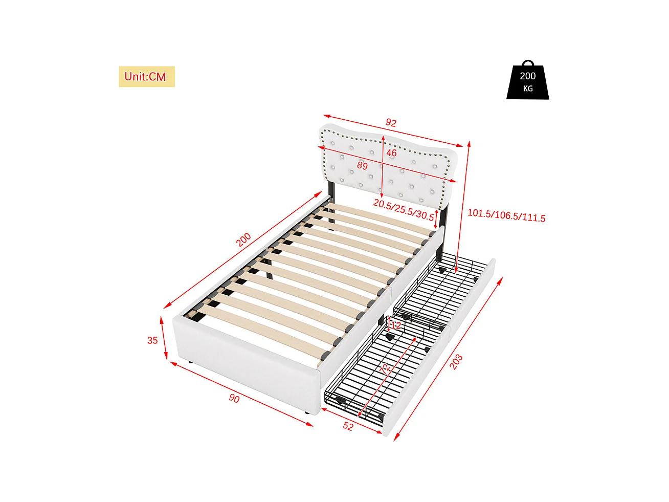 Lit rembourré 90x200 cm, lit plat, table de nuit rembourrée avec rivets décoratifs, double tiroirs, lin+MDF, beige clair