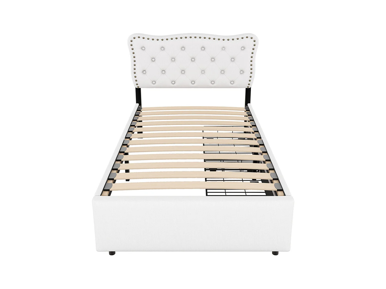 Lit rembourré 90x200 cm, lit plat, table de nuit rembourrée avec rivets décoratifs, double tiroirs, lin+MDF, beige clair