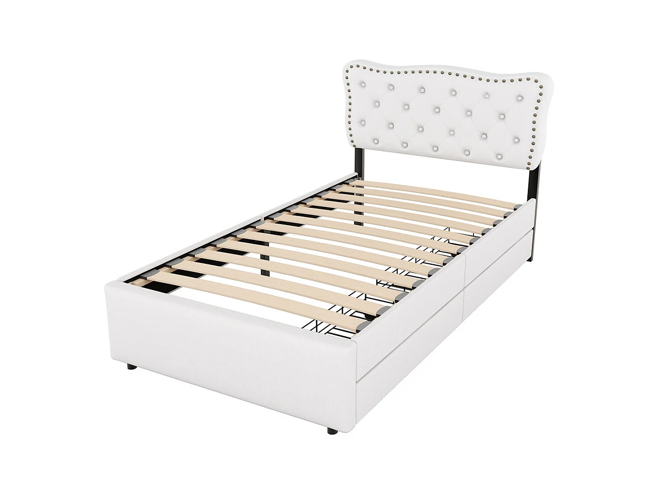 Lit rembourré 90x200 cm, lit plat, table de nuit rembourrée avec rivets décoratifs, double tiroirs, lin+MDF, beige clair