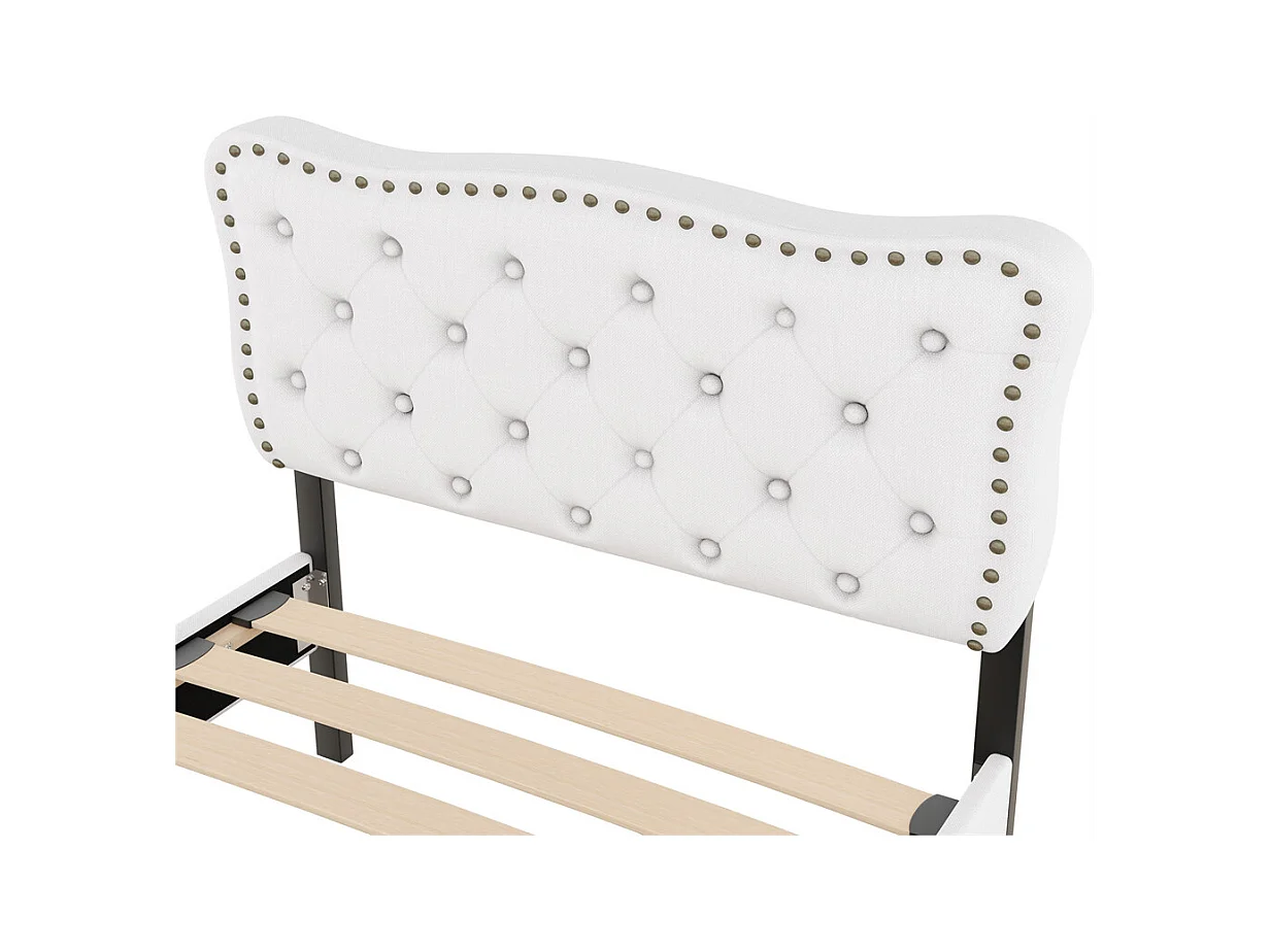 Lit rembourré 90x200 cm, lit plat, table de nuit rembourrée avec rivets décoratifs, double tiroirs, lin+MDF, beige clair