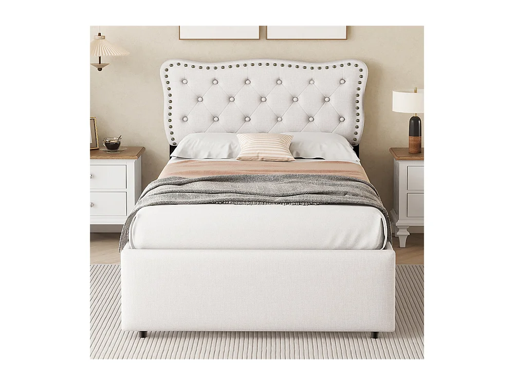 Lit rembourré 90x200 cm, lit plat, table de nuit rembourrée avec rivets décoratifs, double tiroirs, lin+MDF, beige clair