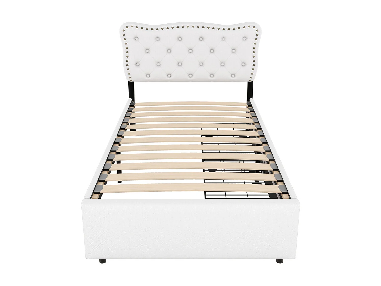 Lit rembourré 90x200 cm, lit plat, table de nuit rembourrée avec rivets décoratifs, double tiroirs, lin+MDF, beige clair