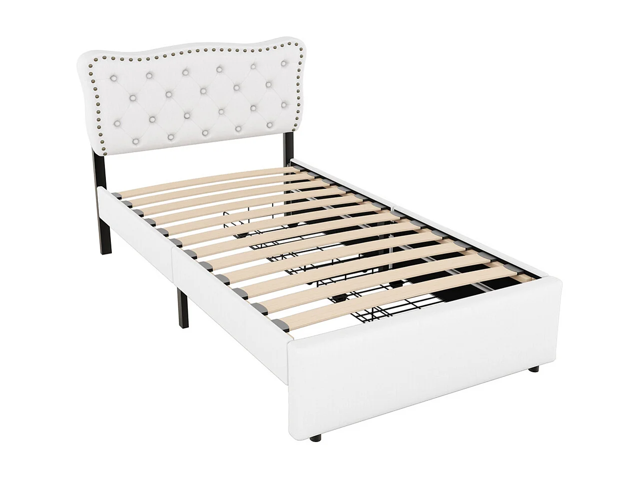 Lit rembourré 90x200 cm, lit plat, table de nuit rembourrée avec rivets décoratifs, double tiroirs, lin+MDF, beige clair