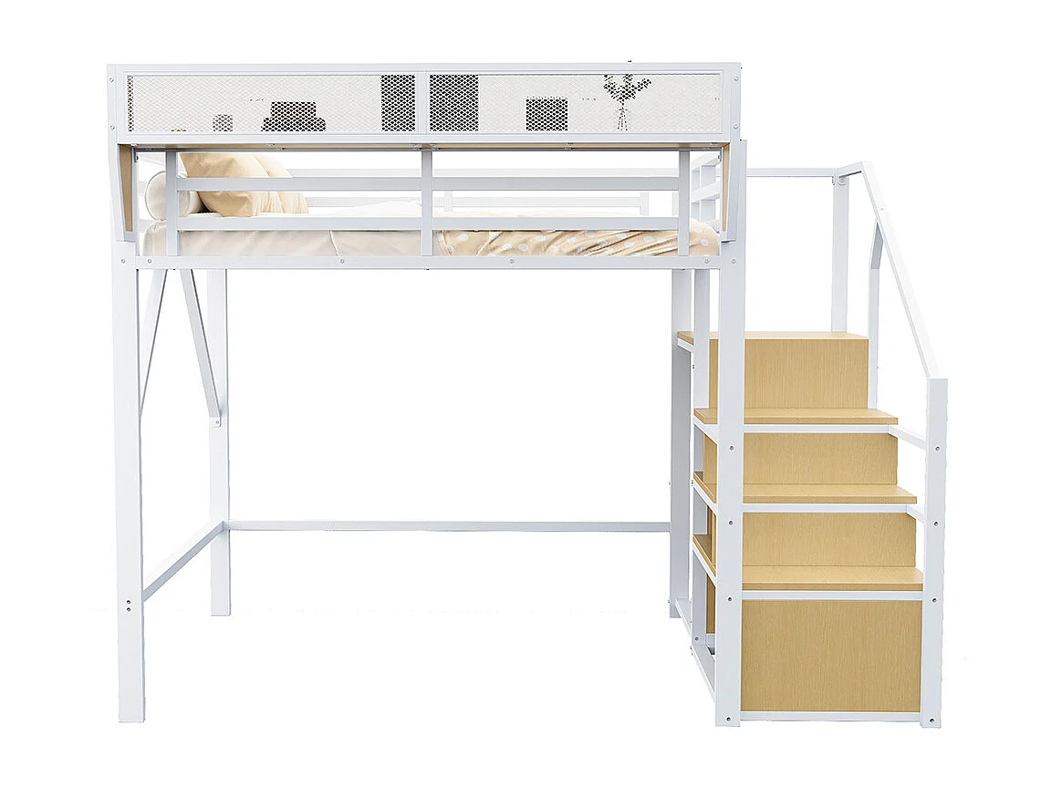 Lit mezzanine 140x200cm, avec échelle de sécurité et compartiment de rangement flexible, lit en métal lit adulte lit superposé pour enfants, blanc