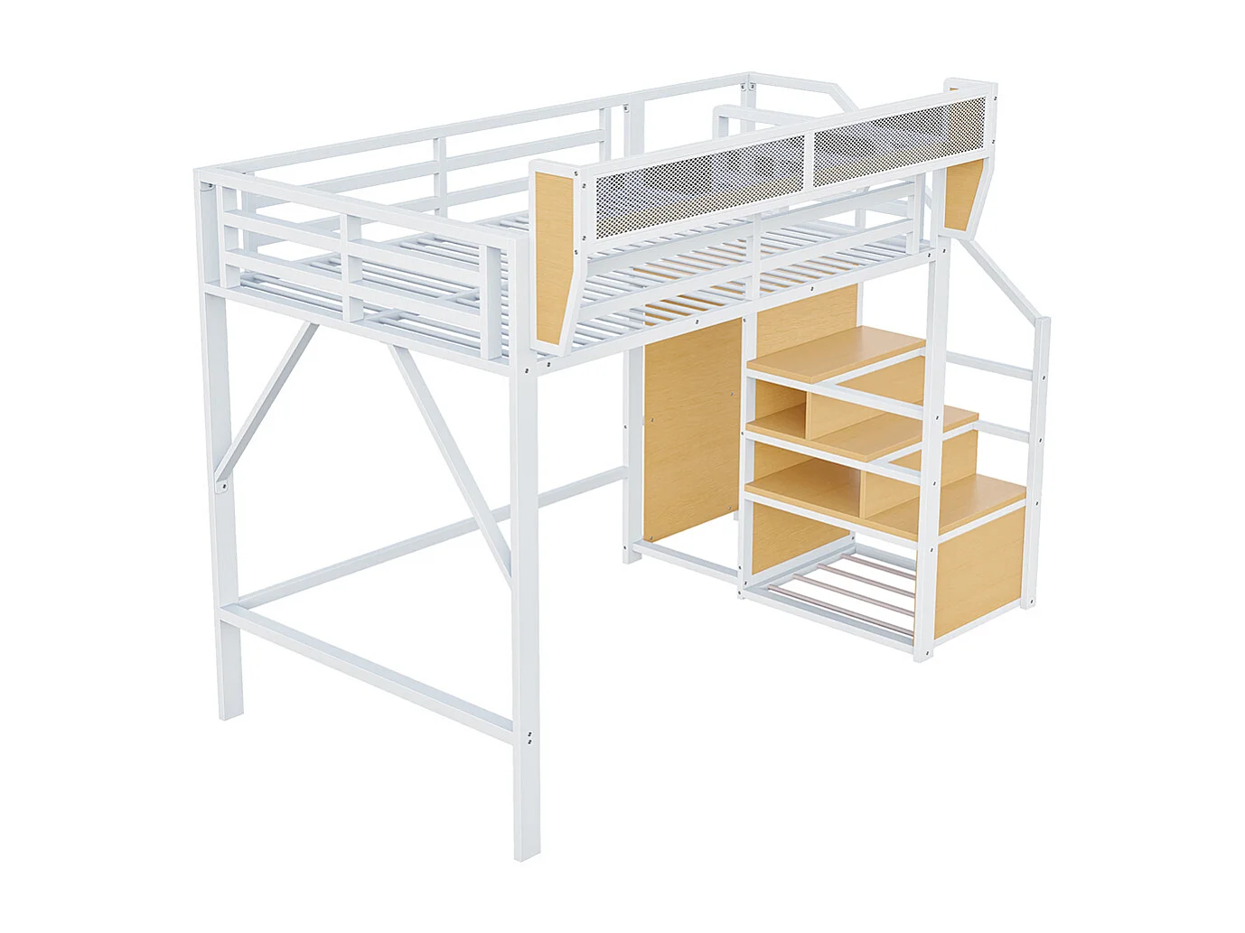 Lit mezzanine 140x200cm, avec échelle de sécurité et compartiment de rangement flexible, lit en métal lit adulte lit superposé pour enfants, blanc
