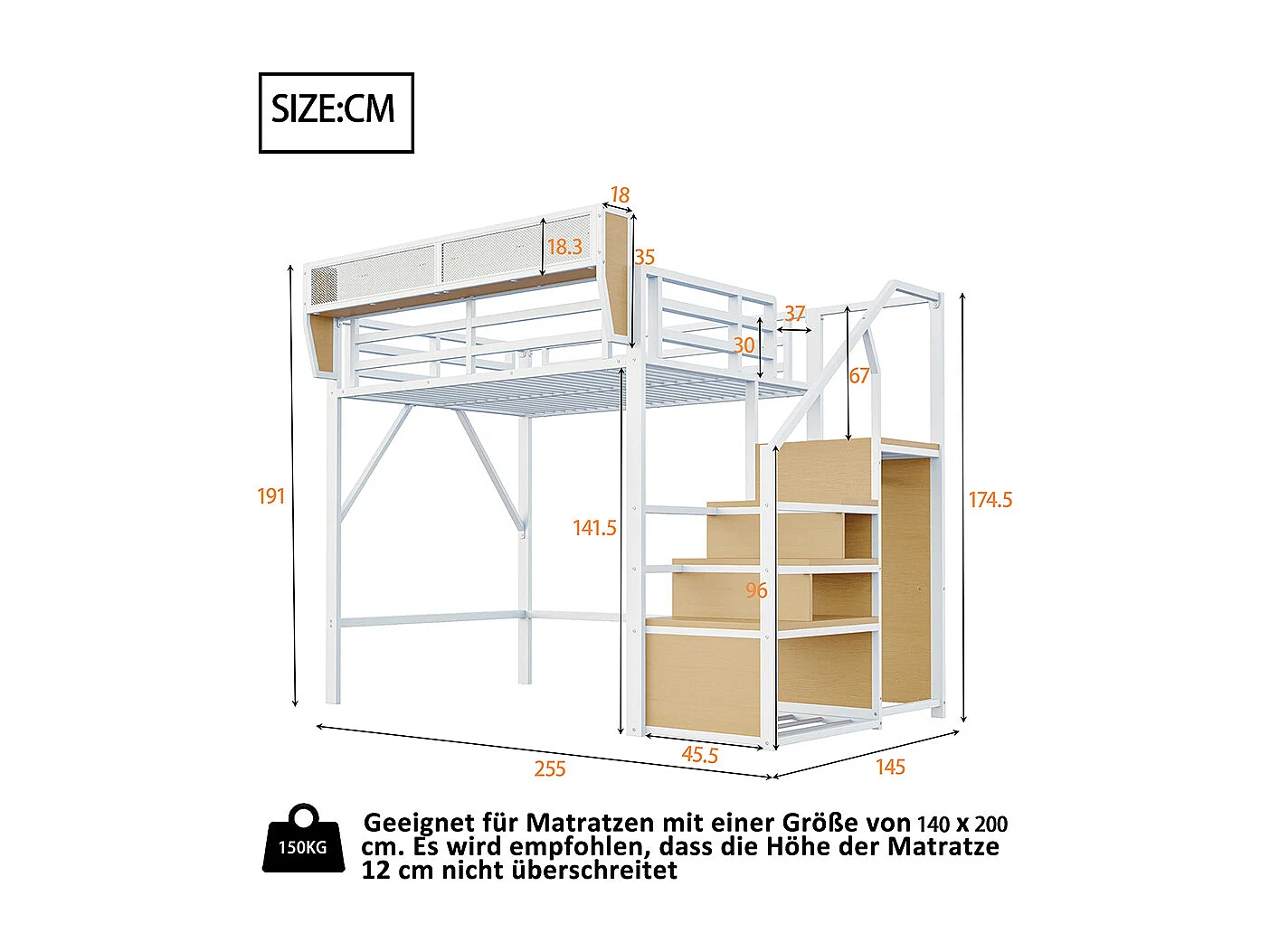 Lit mezzanine 140x200cm, avec échelle de sécurité et compartiment de rangement flexible, lit en métal lit adulte lit superposé pour enfants, blanc