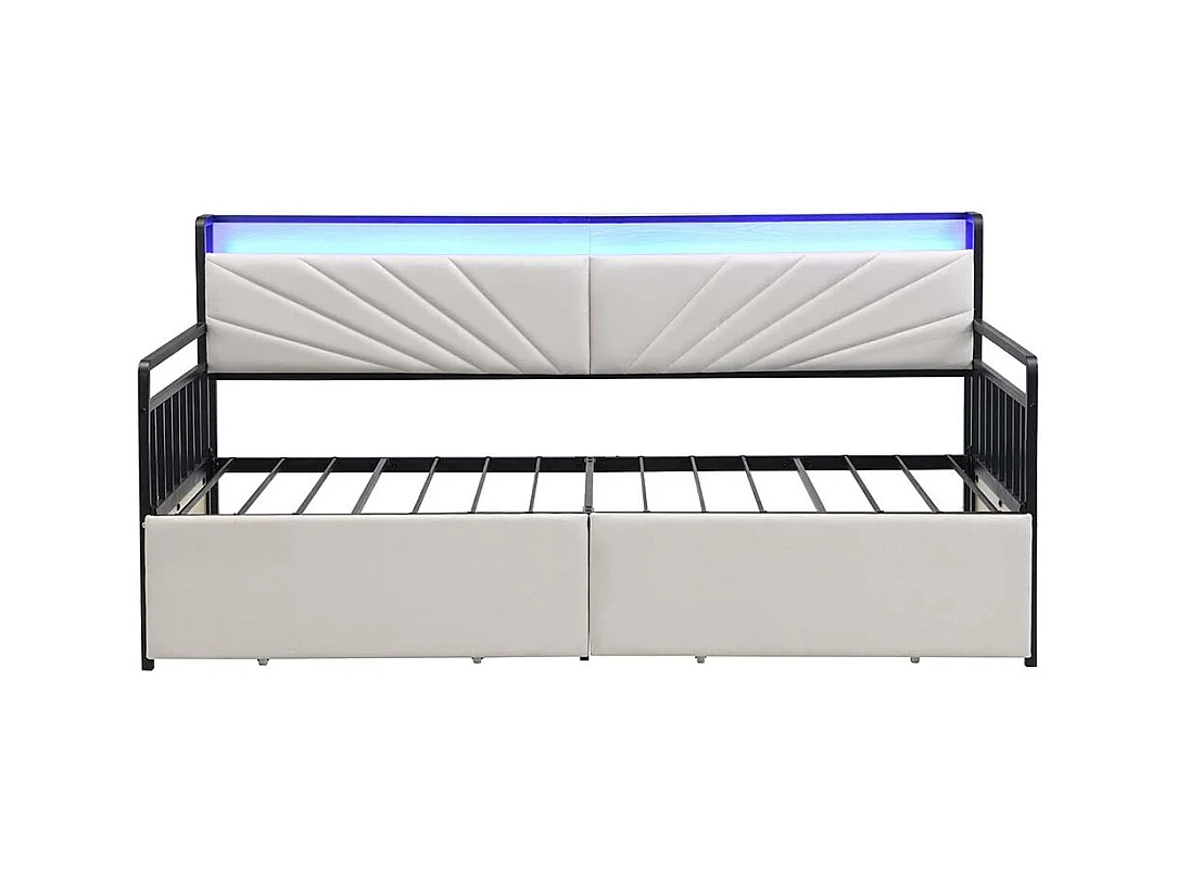 Canapé-lit en fer 90x200 cm, avec éclairage led, 2 tiroirs et prises multifonctionnelles, lit simple, lit junior, fer+plywood+mdf, beige