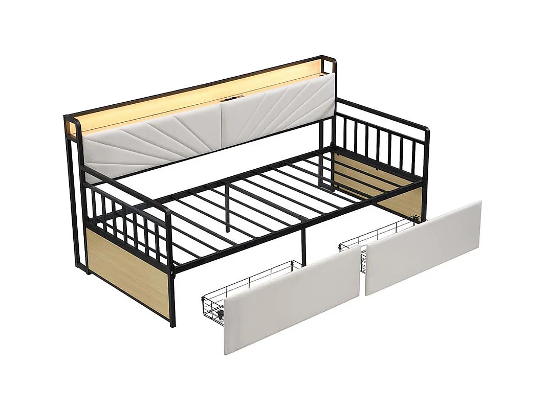 Canapé-lit en fer 90x200 cm, avec éclairage led, 2 tiroirs et prises multifonctionnelles, lit simple, lit junior, fer+plywood+mdf, beige
