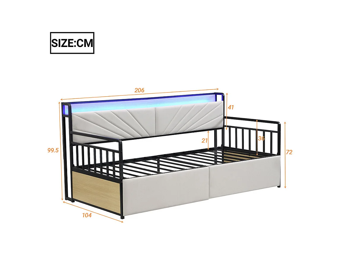 Canapé-lit en fer 90x200 cm, avec éclairage led, 2 tiroirs et prises multifonctionnelles, lit simple, lit junior, fer+plywood+mdf, beige