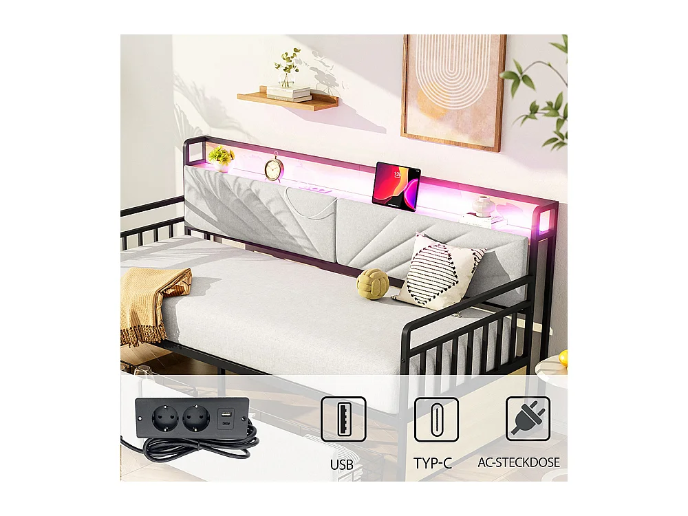 Canapé-lit en fer 90x200 cm, avec éclairage led, 2 tiroirs et prises multifonctionnelles, lit simple, lit junior, fer+plywood+mdf, beige