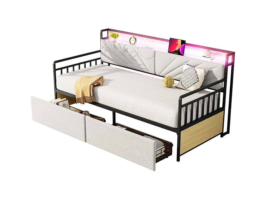 Canapé-lit en fer 90x200 cm, avec éclairage led, 2 tiroirs et prises multifonctionnelles, lit simple, lit junior, fer+plywood+mdf, beige